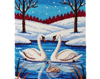 Winter Swan Family Latch Hook Kits DIY Rug Making Kit Pre-Printed Canvas 55x75cm