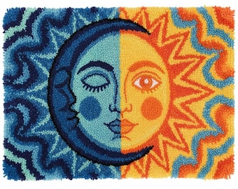 Bohemian Sun Moon Latch Hook Kits DIY Rug Making Kit Pre-Printed Canvas 75x55cm