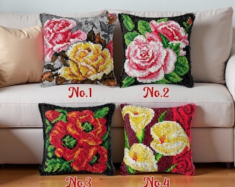 Latch Hook Pillow Kit: Blossom Flowers, Crochet Cushion Cover (43x43cm)