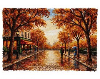 Parisian Autumn Latch Hook Rug Kit: Rainy Evening DIY Craft (40x27 in)