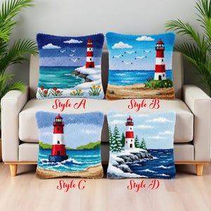 May include: Four decorative throw pillows with lighthouse designs. Each pillow features a different coastal scene with a red and white lighthouse, blue water, and sky. The pillows are labeled "Style A", "Style B", "Style C", and "Style D".