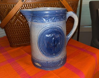 Rare Find - Antique Blue & White Salt Glazed Stoneware Water Pitcher