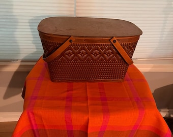 Large Vintage Handcrafted Picnic Basket, with Lid and Double Handles