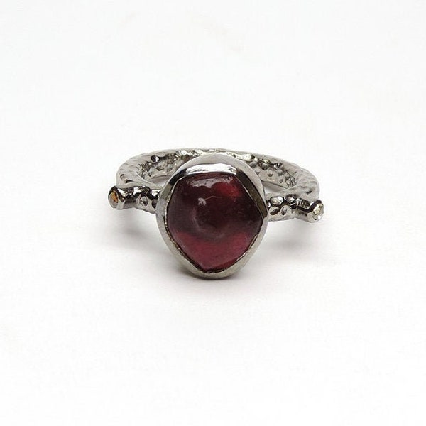 Rose Cut Pave Diamond Ring, Rough Ruby Ring, Handmade Ring,Birthstone Ring, Anxiety Silver Ring, Pave Silver Ring, Victorian Ring Size 7.50