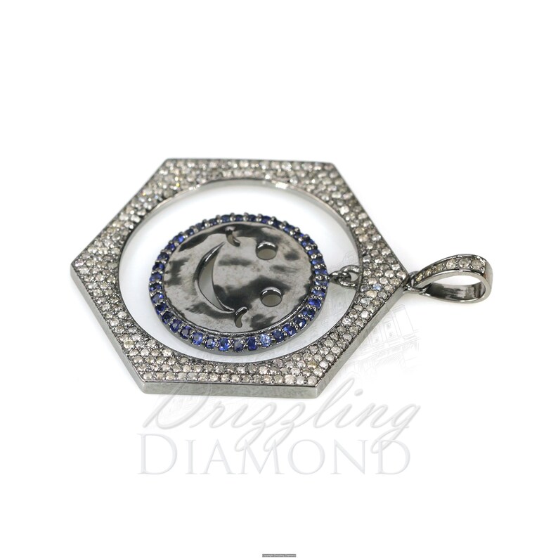 925 Sterling Silver Jewelry Happy Face Hexagon Pendant Sapphire Jewelry Natural Diamond Sapphire Pendant Gift For Her. Gemstone Pendant