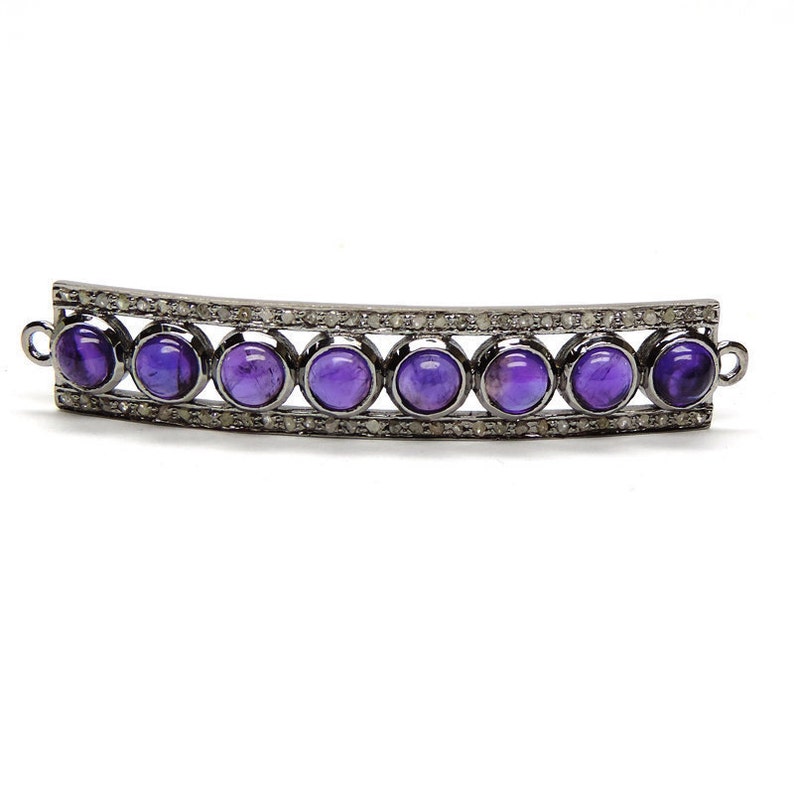 Natural Purple Amethyst Round Cab And Pave Diamond Bar Link Connector,925 Sterling Silver Finding,Diamond Link Connector Size 57MM*10MM