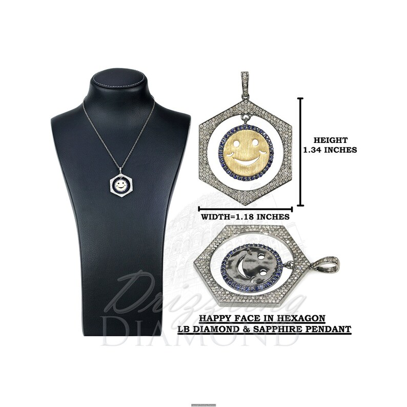 925 Sterling Silver Jewelry Happy Face Hexagon Pendant Sapphire Jewelry Natural Diamond Sapphire Pendant Gift For Her. Gemstone Pendant