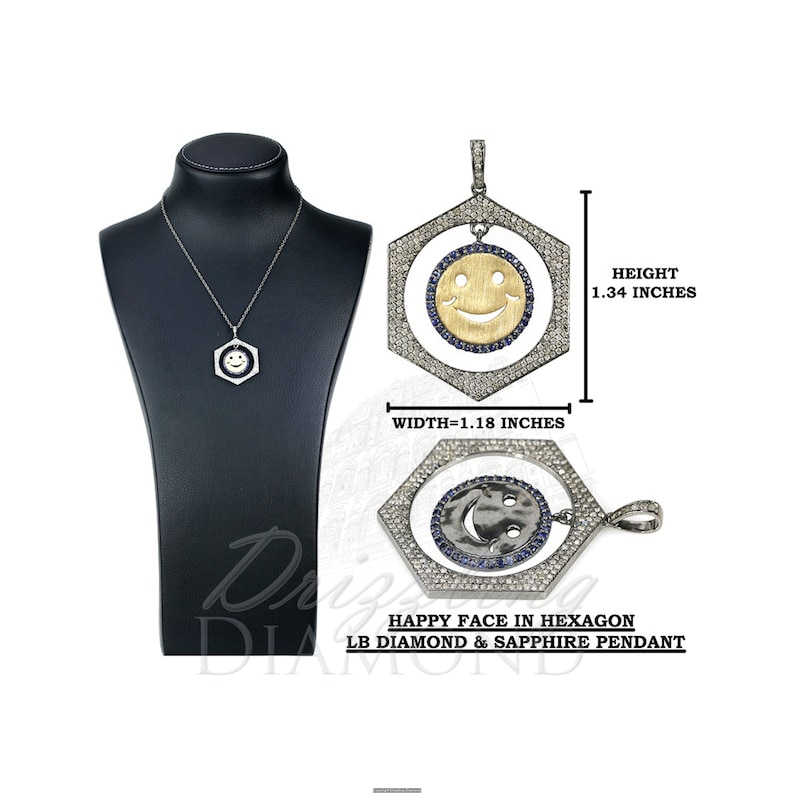 925 Sterling Silver Jewelry Happy Face Hexagon Pendant Sapphire Jewelry Natural Diamond Sapphire Pendant Gift For Her. Gemstone Pendant