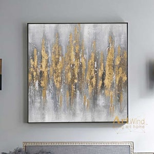 Large Gray Abstract Painting with Gold Leaf: Modern Acrylic Artwork