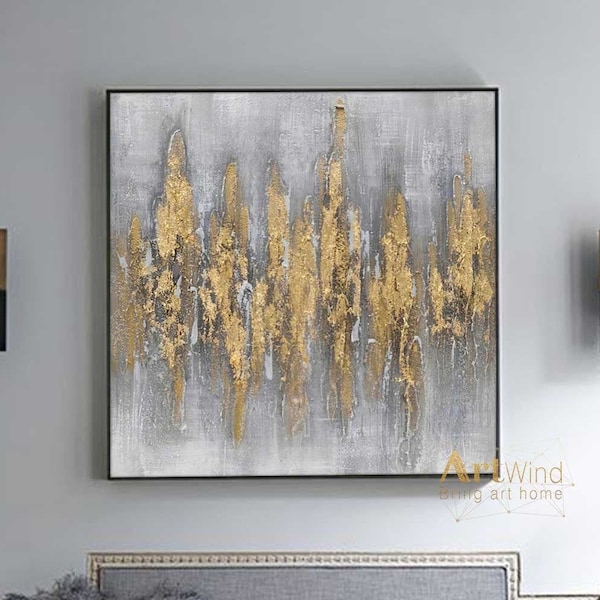 Oversize Painting On Canvas Gold Leaf Art Gold Modern Wall Art Gold And Grey Canvas Art Gray Painting Texture Acrylic Art Living Room Decor