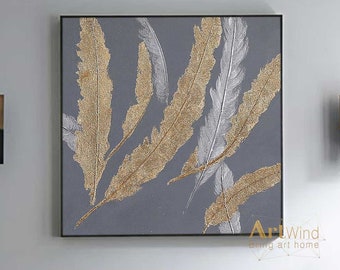Original Feather Textured Painting Unique Large Abstract Painting on Canvas Gray Wall Art Grey Painting Gold Leaf Painting Living Room Decor