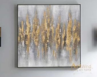 Large Gray Abstract Painting On Canvas Gold Leaf Modern Home Decor Grey And Gold Painting Black Original Acrylic Artwork Living Room Decor