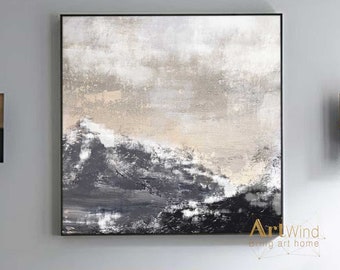 Snow Mountain Painting Large Grey Landscape Canvas Art Black Modern Wall Art Gray Original Painting Beige Contemporary Art Living Room Decor