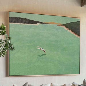 Abstract Coastal Diver Oil Painting: Minimalist Green Seascape Wall Art
