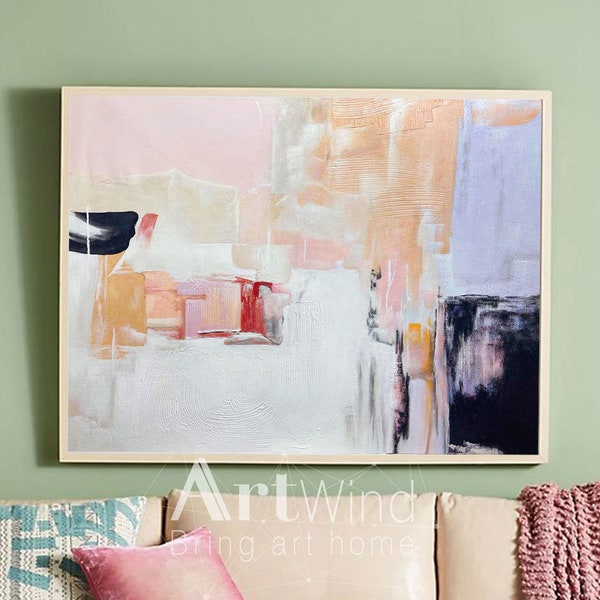 Large Abstract Acrylic Painting Pink And White Canvas Art Orange Abstract Painting Black And Blue Wall Art Bright Painting Colorful Wall Art