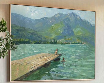 Dipinto ad olio su tela con paesaggio astratto strutturato verde, scena rustica del lago
