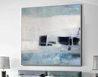 Light Blue Abstract Painting Black Modern Original Artwork Modern White Acrylic Painting Minimalist Canvas Art Home Decor Living Room Decor