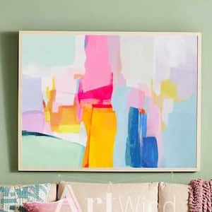 Large Light Green Abstract Canvas Art Blue And Yellow Art Pink Acrylic Painting Bright Colorful Abstract Painting White Art Living Room Wall