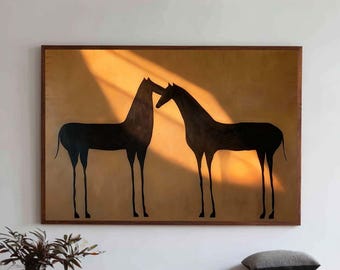 Arte murale minimalista marrone con cavallo, silhouette astratta di cavallo, arte su tela, arredamento moderno e accogliente per la casa