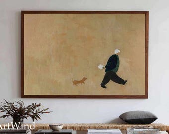 Dipinto minimalista di persona e cane, grande tela marrone da parete, stile di vita accogliente per l'arredamento della casa