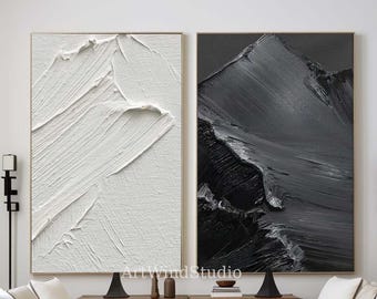 Textured Abstract Painting Set: Black and White Minimalist Wall Art