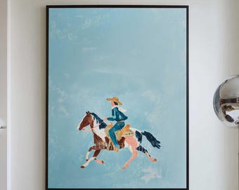 Quadro contemporaneo con cavallo, stile western minimalista, grande tela blu testurizzata.