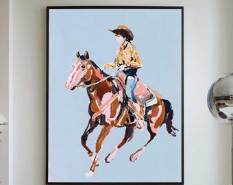 Dipinto originale ad olio di cavallo, grande opera d'arte da parete a tema cowboy, tela espressiva equestre, arredamento western moderno.