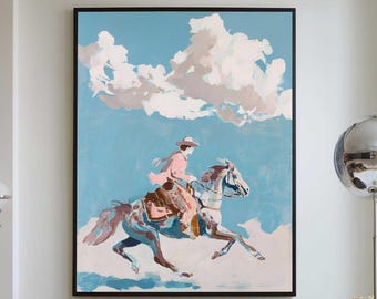 Dipinto a olio moderno da cowboy, arte western minimalista da parete, grande cavaliere tra le nuvole, tela astratta