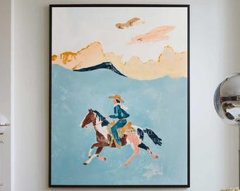 Grande quadro su tela raffigurante un cowboy astratto, dipinto ad olio in stile western moderno e minimalista.
