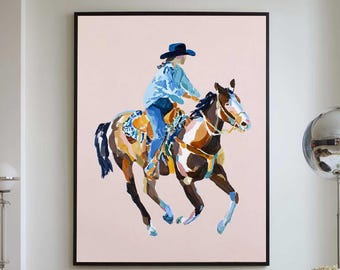 Quadro moderno da cowgirl in rosa, minimalista, arte da parete western, cavallerizza, su tela, arredamento sud-ovest