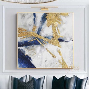 Original Abstract Painting Minimalist Gold Abstract Canvas Art White and Blue Wall Art Navy Blue Canvas Gold And Blue Art Living Room Decor image 1