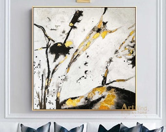 Meteor Fall Original Painting Large Abstract Painting On Painting Black and White Art Gold Leaf Painting Modern Wall Decor Living Room Decor