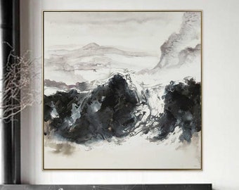 Large Abstract Landscape Painting: Textured Black & Gray Ink Art