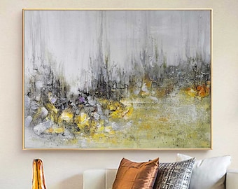 Large Grey Landscape Painting Gray Mountain Canvas Art Gold Leaf Painting Modern Acrylic Painting Gold Nature Art Gold And Gray Canvas Decor