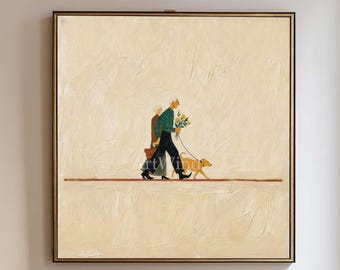 Originale dipinto a olio raffigurante una coppia che cammina con un cane, grande tela con texture beige, decorazione da parete minimalista scandinava.