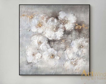 White Flowers Painting: Gold Leaf Textured Abstract Canvas Art