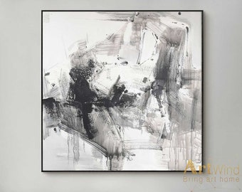 Big Minimalist Painting Gray Abstract Canvas Art Black And White Wall Art Modern Acrylic Painting Rich Textured Home Decor Living Room Decor