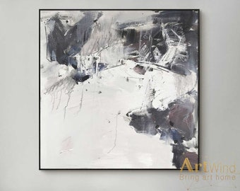 Oversized Abstract Painting Grey Wall Art Abstract Painting On Canvas Gray And Black Art Modern Wall Art White Canvas Living Room Painting