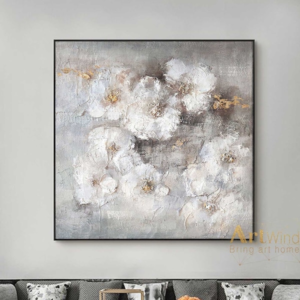 Weiße Blumen Gemälde Gold und Grau Leinwand Kunst BlattGold Gemälde Moderne Struktur Gemälde Gold Acryl Leinwand Kunst Home Büro Decor