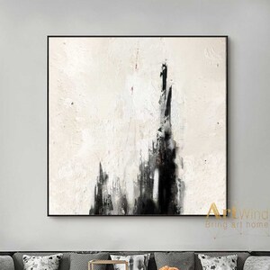 Beige Minimalist Abstract Painting Black Modern Wall Art White Original Artwork Black Acrylic Painting Contemporary Art Living Room Painting