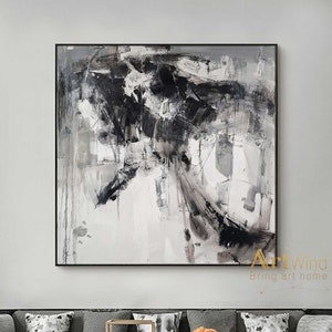 Large Grey Abstract Painting: Black & White Textured Canvas Art