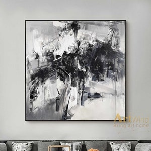 Pintura abstracta de gran tamaño Negro Lienzo abstracto Arte blanco Arte de pared moderno Gris Obra de arte original Gris y negro Pintura acrílica para oficina