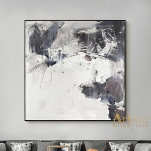 Pintura abstracta de gran tamaño Arte mural gris Pintura abstracta sobre lienzo Arte mural gris y negro Arte mural moderno Lienzo blanco Pintura de la sala de estar