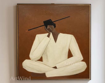 Dipinto ad olio su tela figurativa vintage, ritratto espressivo, grande tela testurizzata marrone beige