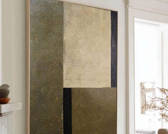 Arte su tela astratta verde oliva con texture, dipinto minimalista verde, dipinto neutro dipinto a mano con texture per soggiorno, arte murale Wabi Sabi