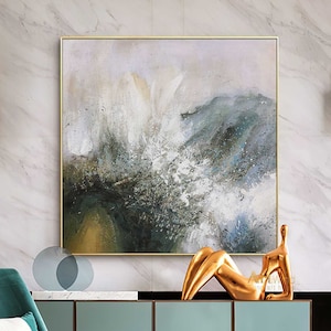 Gran pintura abstracta verde azulado, lienzo texturizado, pintura blanca, gris, arte de pared moderno, arte verde y azul, obra de arte original beige, decoración de oficina