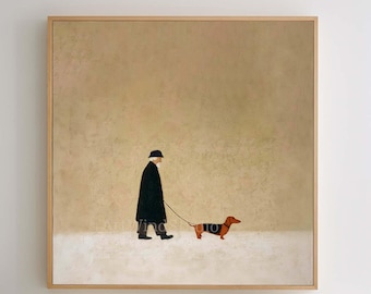 May include: A square framed wall art piece featuring a minimalist painting of a person in a black coat and hat walking a brown dachshund on a leash. The background is a solid, muted beige color with a white horizontal ground line.