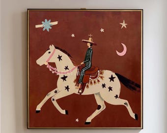 Dipinto a olio vintage raffigurante un cavaliere western, cowboy, grande tela rossa minimalista per l'ingresso.