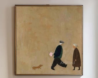 May include: A square framed painting on a wall featuring a beige background with a small brown dog, a person in a dark jacket and cap holding a pink object, and a person in a long brown coat standing together in a minimalist composition.