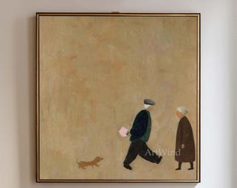 Dipinto a olio originale di una coppia che cammina con un cane, grande, marrone, Wabi Sabi, decorazione murale su tela minimalista neutra